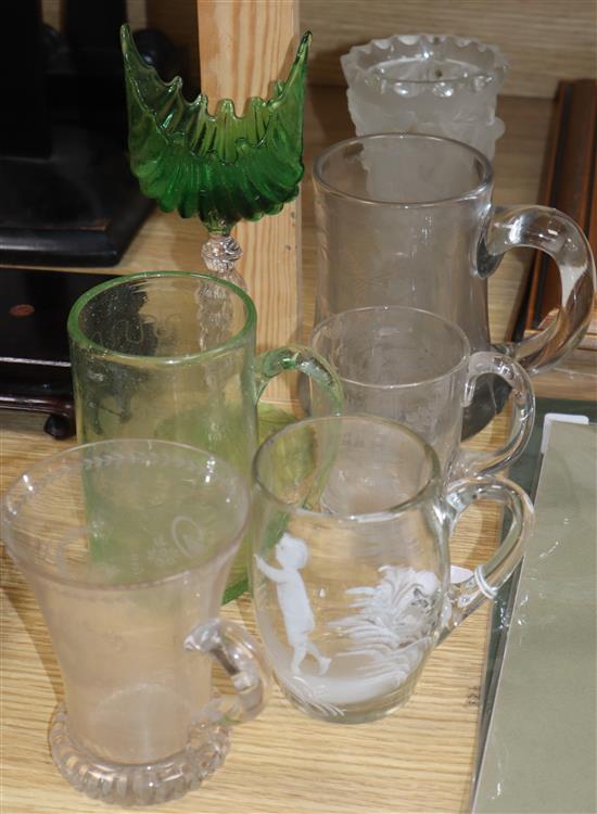 A Mary Gregory glass mug and six other glass items